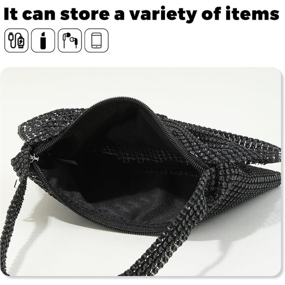 🆕Women Black Rhinestone Evening Clutch Purse, Sparkly Bowknot Small Handbag - Picture 5 of 6